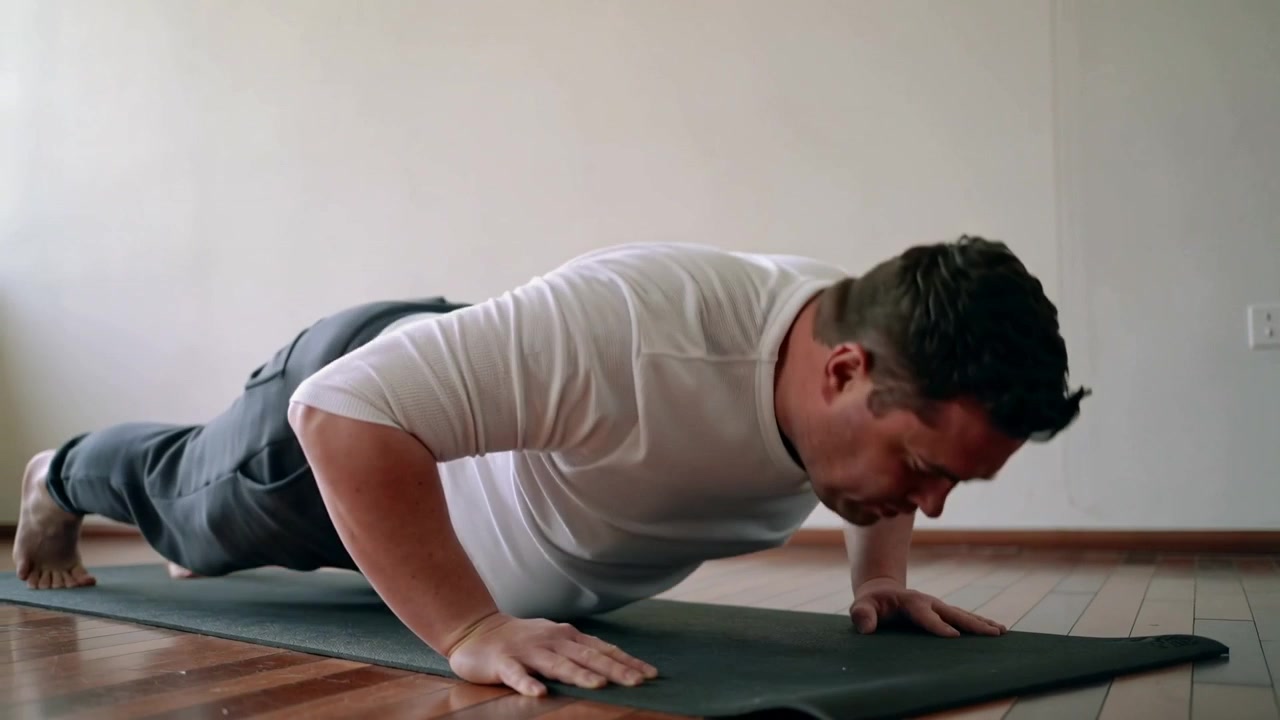 Starting set, man in workout clothes lowering and raising on dark mat in room for fitness