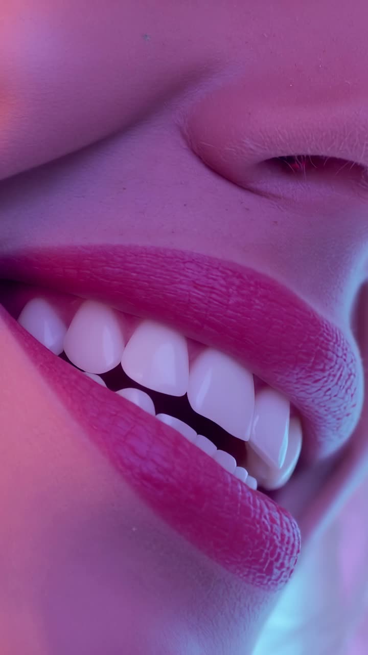 Vertical video: Responding to prompt model demonstrating lip sequence in studio, glossy lipstick