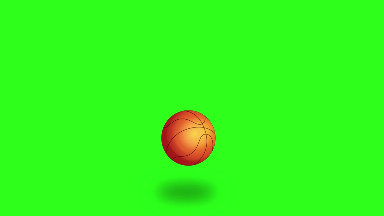 A single basketball bounces smoothly across a bright green background, casting soft shadows and demonstrating realistic motion and squash-and-stretch animation principles