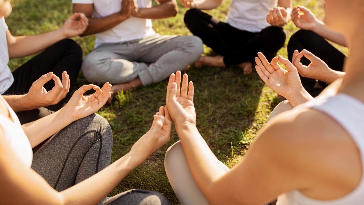 Sitting five adults wearing white tees, leggings with mudras on lawn, camera zooming in for calm