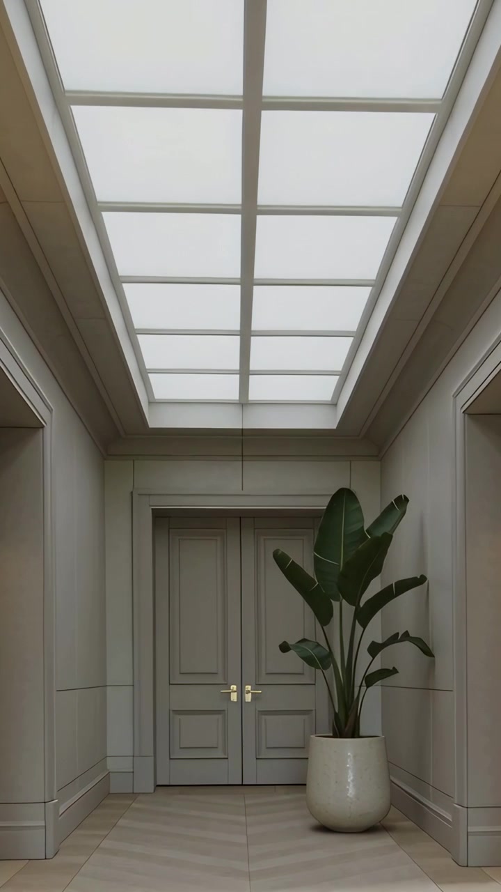 Vertical video: Shot starting camera pushing toward double doors and plant in hall under skylight