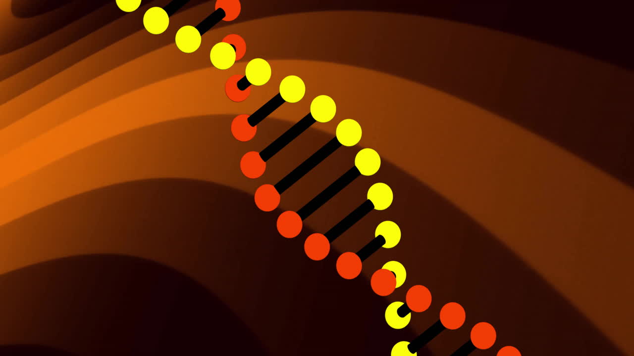 DNA strand animation over orange background with abstract shapes