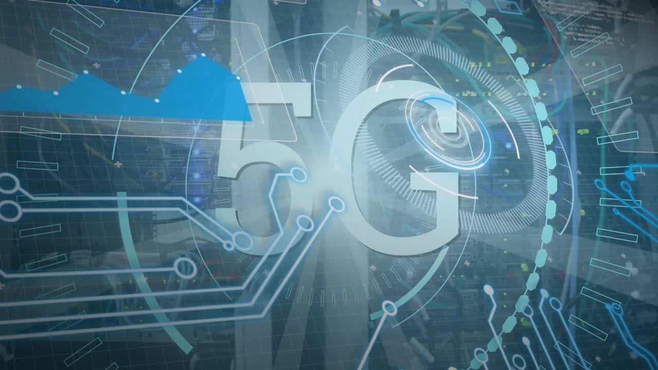 animación de texto 5g, escaneo de alcances y procesamiento de datos a través del servidor