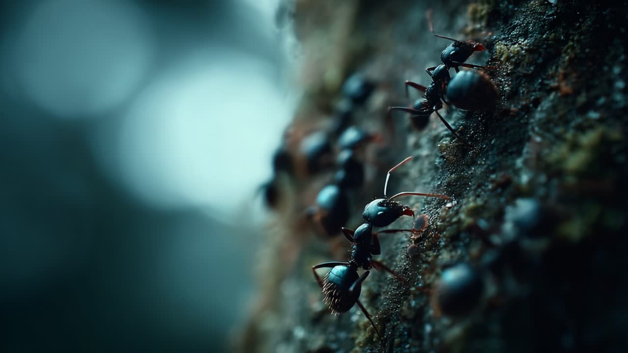Intense Close-up of Ants Navigating Their Environment, Showcasing Intricate Details of Their Body Structure and Movement on a Textured Surface