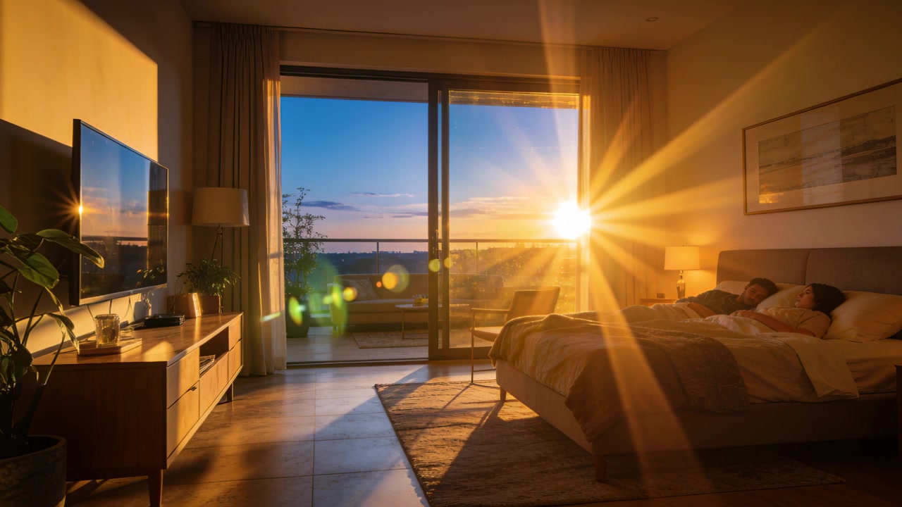 El sol naciente empuja sus rayos a través de la puerta del balcón, iluminando a una pareja en pijama en la cama, con espacio para texto.