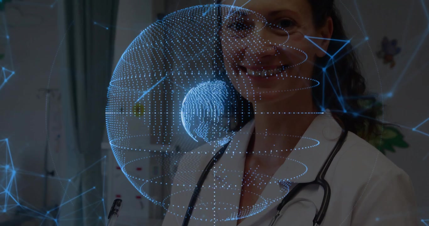 Medico che scrive appunti del paziente in clinica, generando un globo olografico che visualizza dati sulla salute globale
