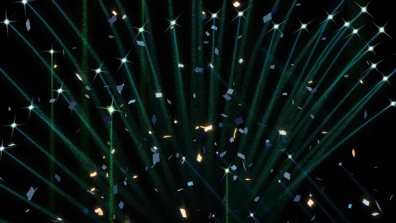 검은 바탕에 불꽃놀이와 콘페티의 애니메이션