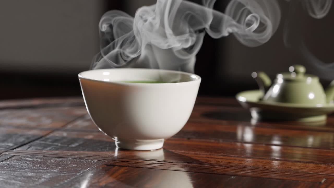 Steaming tea in a white cup on a wooden table, captured in a close-up, side-angle shot