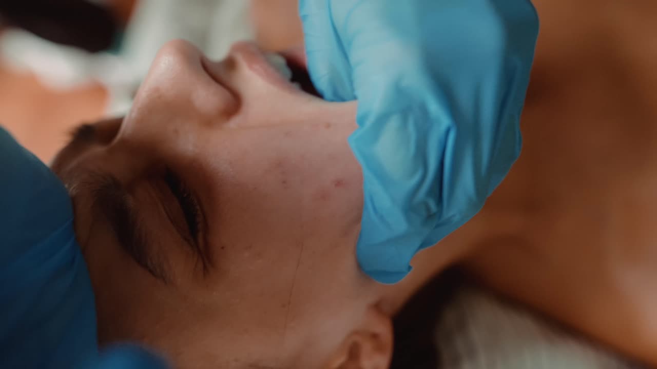 Close-up of Woman Receiving Facial Massage with Blue Gloves