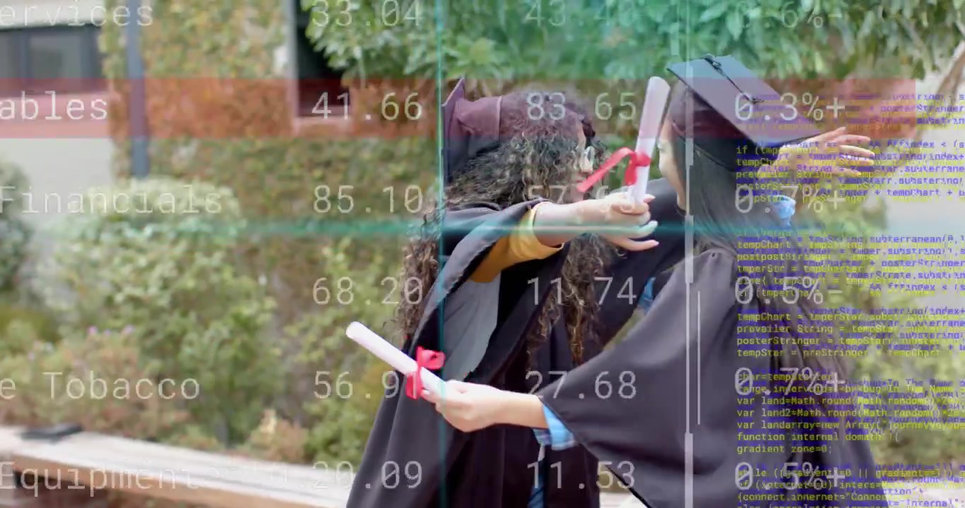 Graduate raising diploma sparking peers swapping diplomas and hugging celebrating graduation