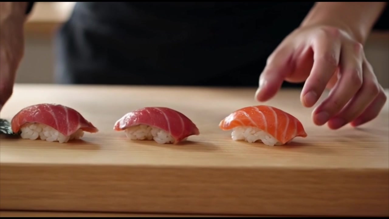 Chef che prepara nigiri sushi fresco su un tagliere di legno