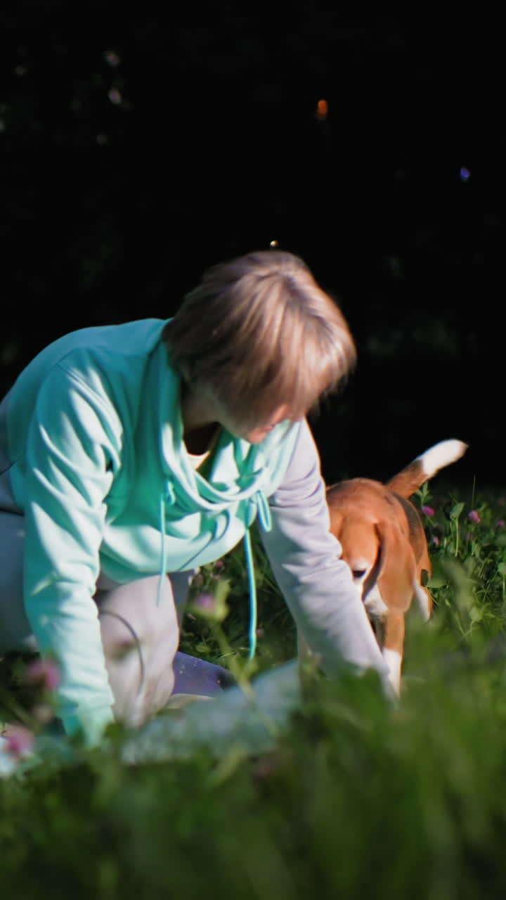 코카서스 여성분이 잔디밭에서 비글과 함께 담요를 펼치고 있어요. 청록색 후드티를 입고 저녁 공원에서 담요를 정리하려고 무릎을 꿇고 있는데, 장난기 넘치는 비글이 꼬리를 흔들며 뛰어오르고 있네요. 부드럽게 쓰다듬으며 웃고 있어요.