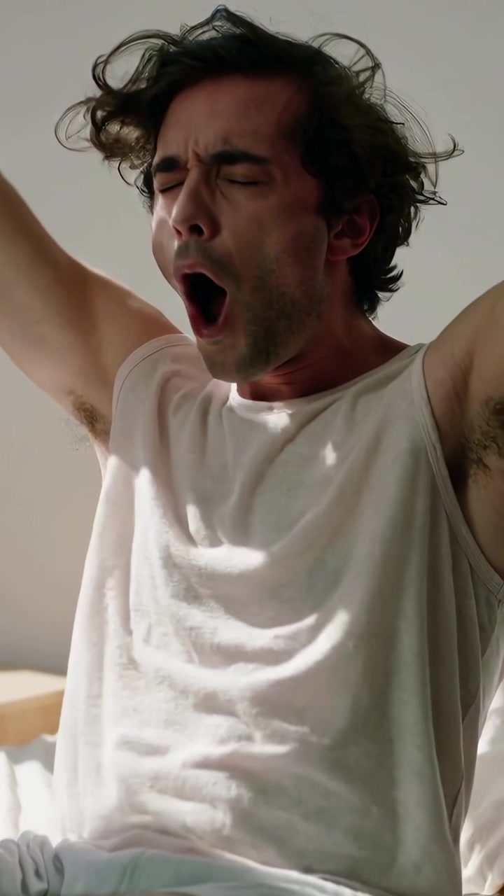 Video verticale: Luce del sole che sveglia un uomo, che sbadiglia e si stira sul letto in camera da letto, indossando canottiera e pantaloncini.
