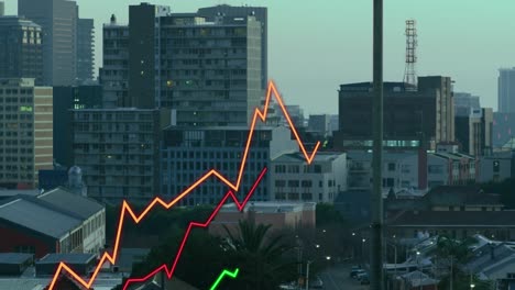 animación de líneas y procesamiento de datos financieros sobre el paisaje urbano