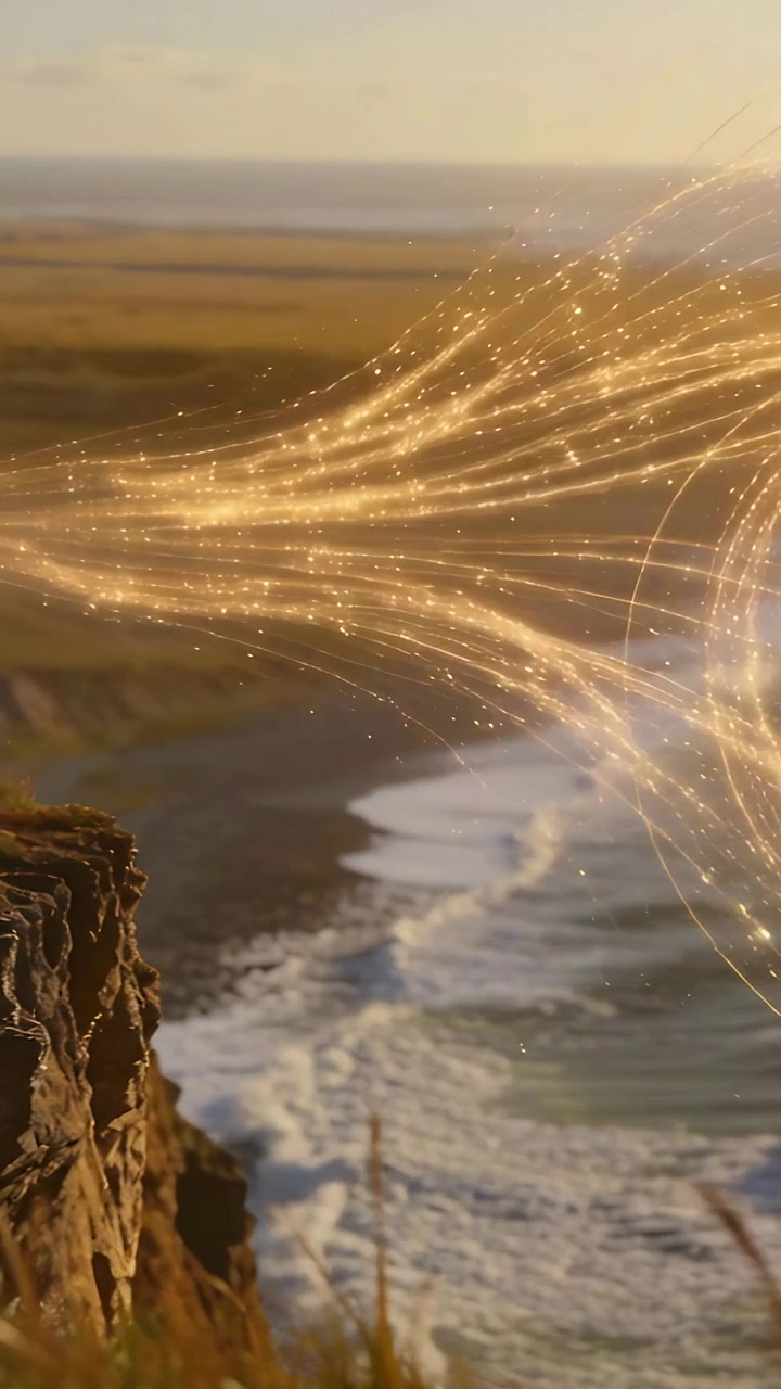 Vertical video: Moving golden stream coming from left cliff, crossing shore, shedding sparkles