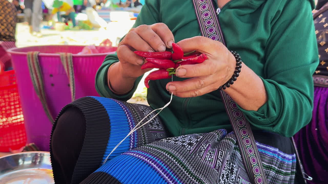 Donna al Mercato domenicale di Bac Ha, Vietnam, che crea artigianato di peperoncino fatto a mano con peperoni rossi freschi, stile di vita del mercato di strada e decorazione alimentare tradizionale