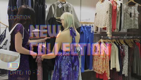 animation of new collections text on video camera screen with digital interface and women shopping