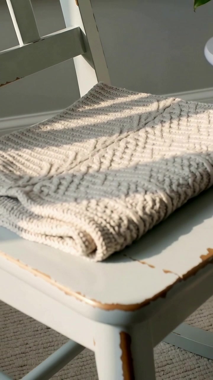 Video verticale: Panoramica della telecamera che mostra una coperta di maglia color crema piegata su una sedia usurata in casa per mostrare la trama