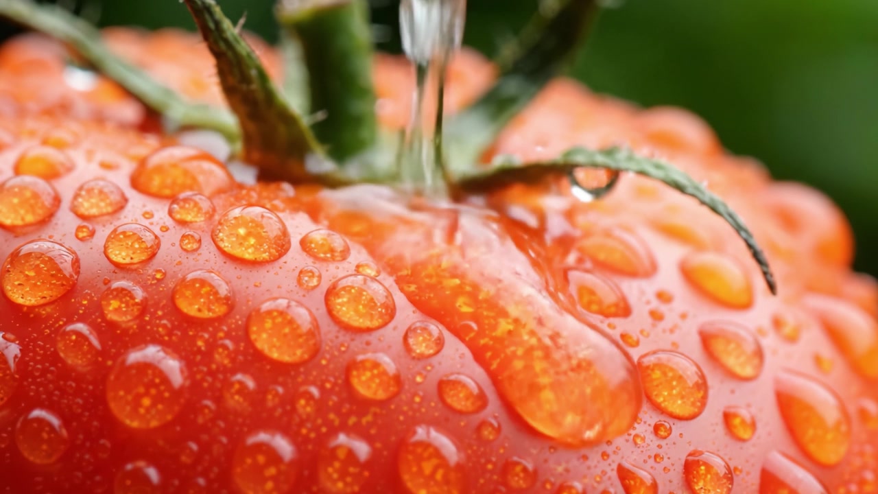 Primo Piano di un Pomodoro Appena Raccolto Coperto di Gocce di Pioggia, che Mostra la Sua Consistenza Succosa e il Colore Vibrante su uno Sfondo Verde Rigoglioso