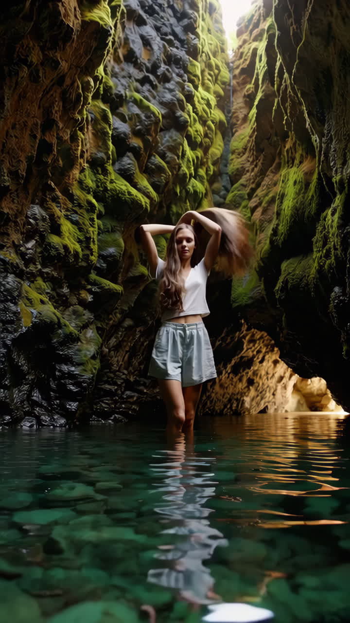 Woman Exploring a Mossy Cave with Clear Water