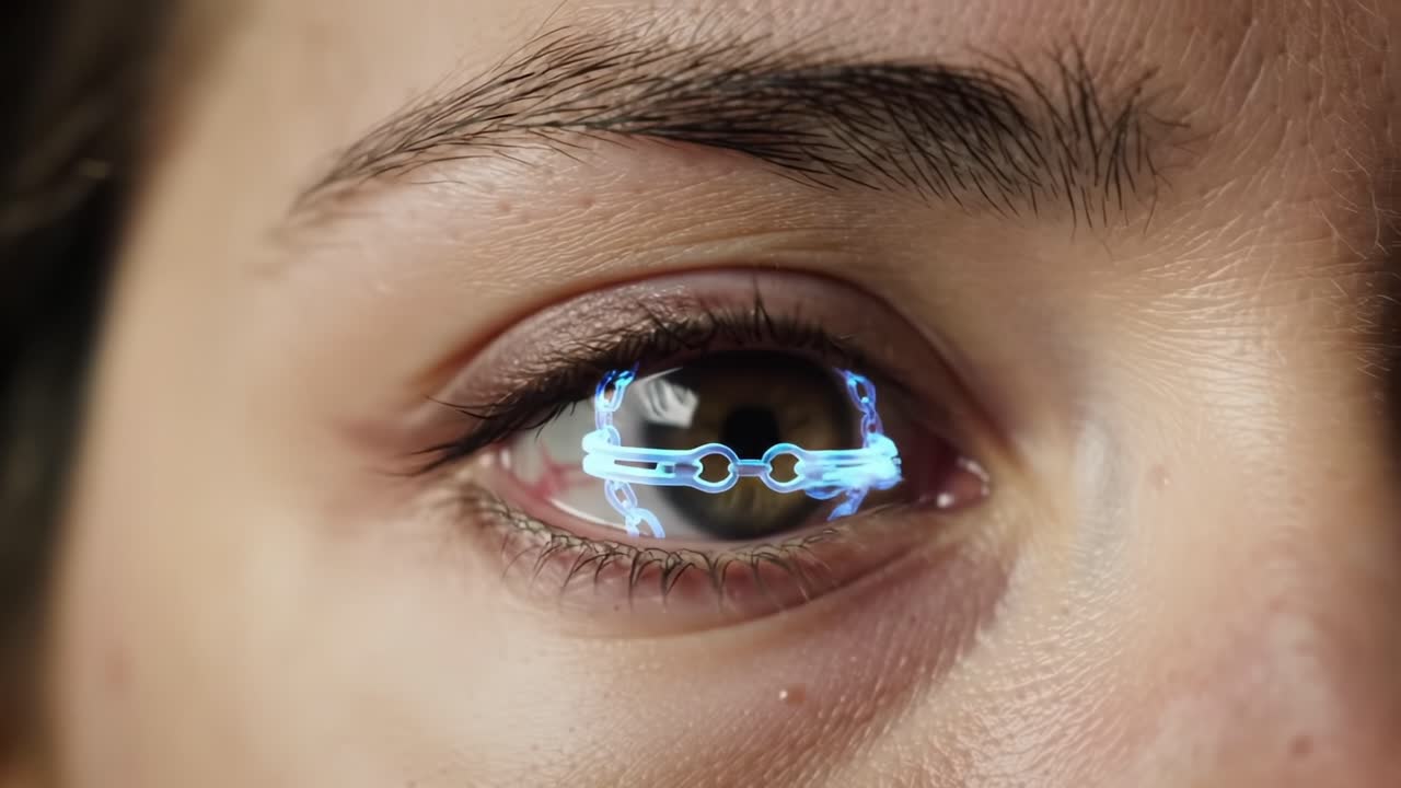 Close-Up Exploration of a Futuristic Eye Implant: Discovering Innovative Technology Enabling Enhanced Vision Through Intricate Visual Interfaces and Biometric Innovations