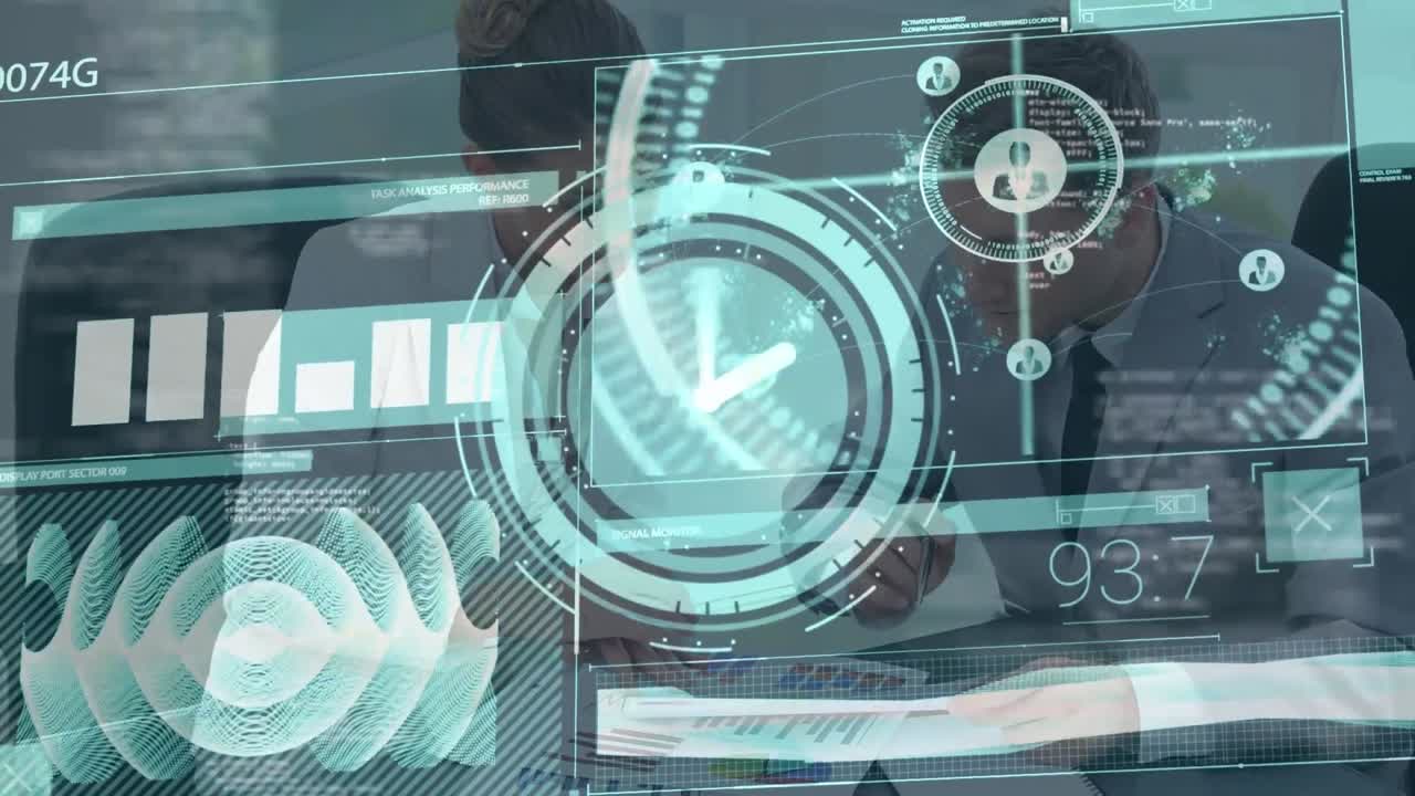 Animation of clock and data processing over business people