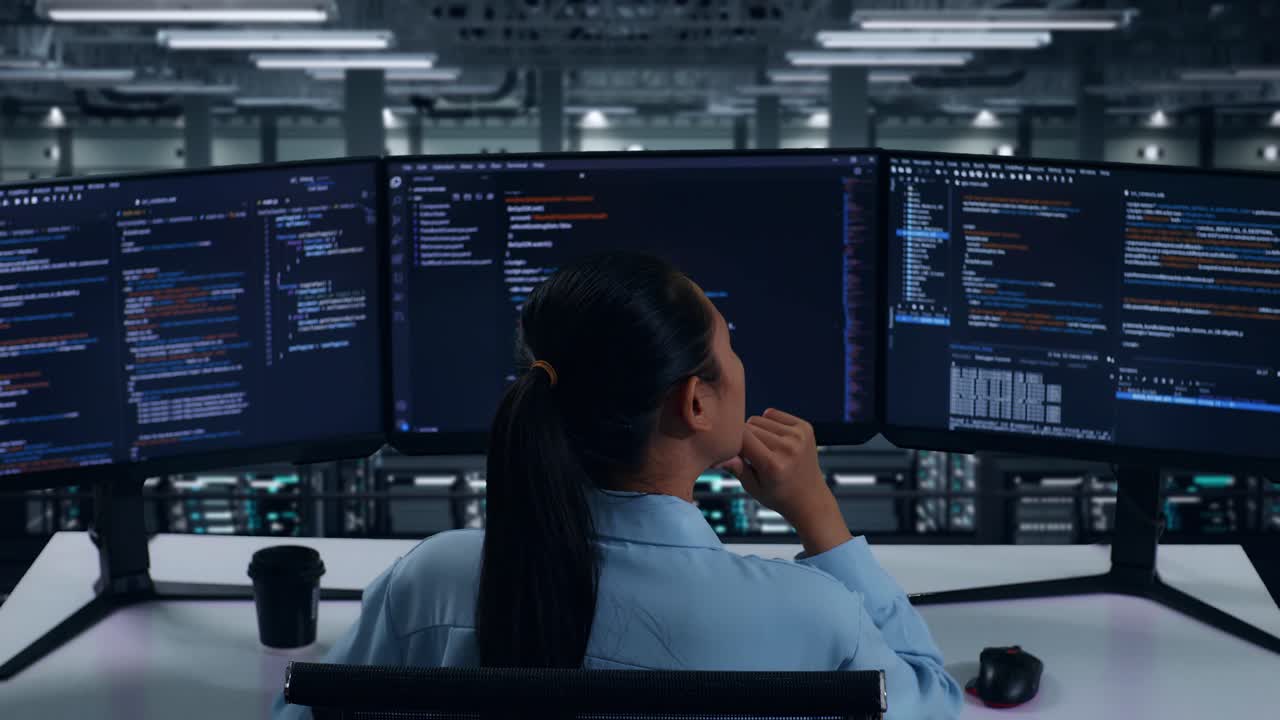 vista trasera de una desarrolladora asiática pensando en algo mientras escribe código con múltiples pantallas de computadora en un centro de datos