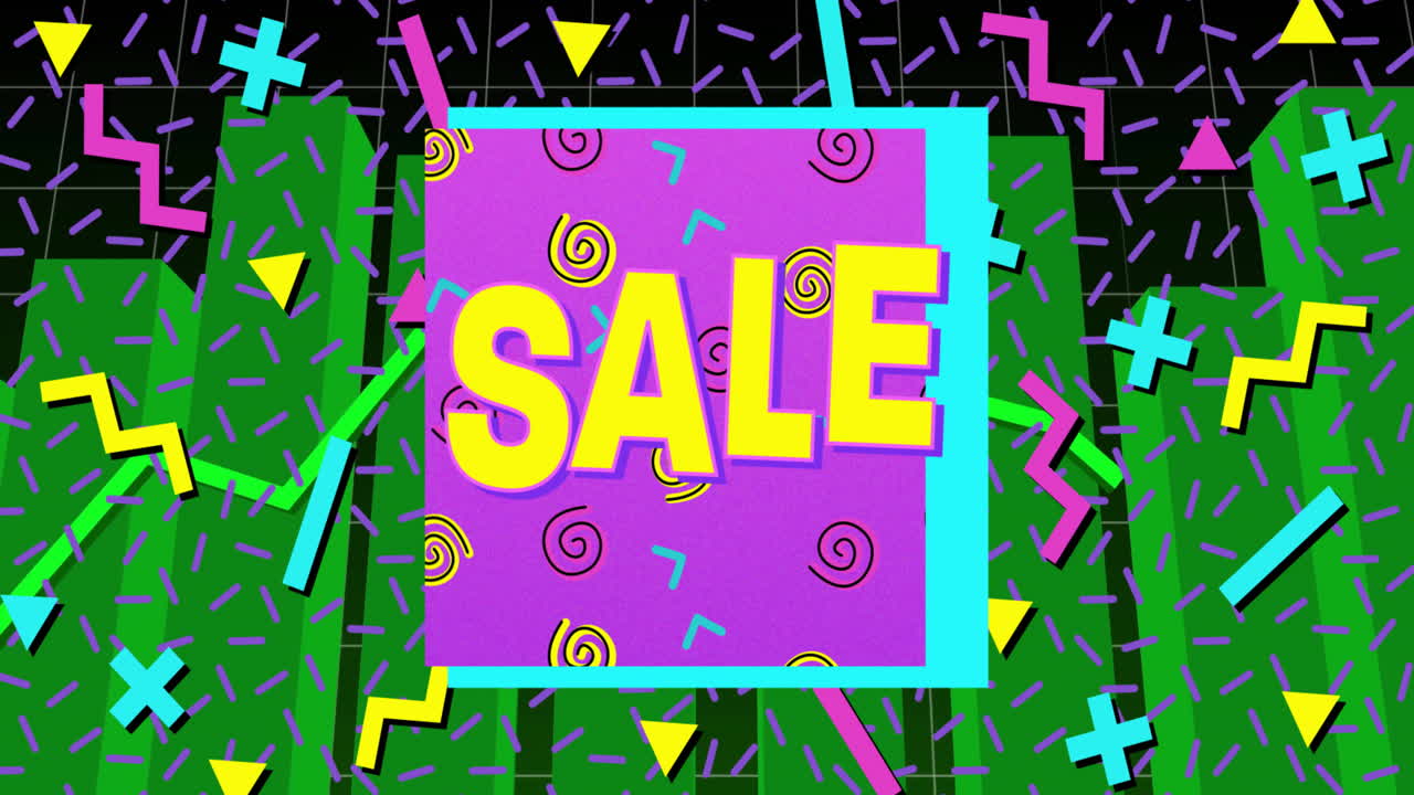 Retro sale banner featuring neon confetti shapes flying over dark grid background in flat design