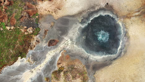 Bubbling-Water-And-Steam-In-Hveravellir-Hot-Spring---Geothermal-Area-In-The-Highlands-Of-Iceland---top-down-drone