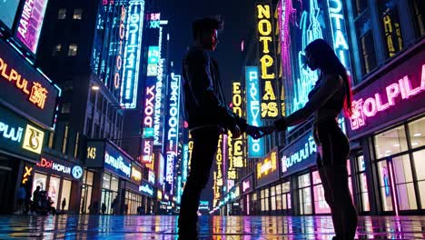 young couple tenderly holding hands, walking together through vibrant cyberpunk cityscape with glowing neon lights and reflective wet pavement during nighttime urban scene