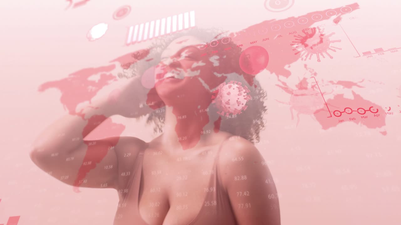 Woman tilting head and raising hand to hair, presenting health data with faint red charts moving