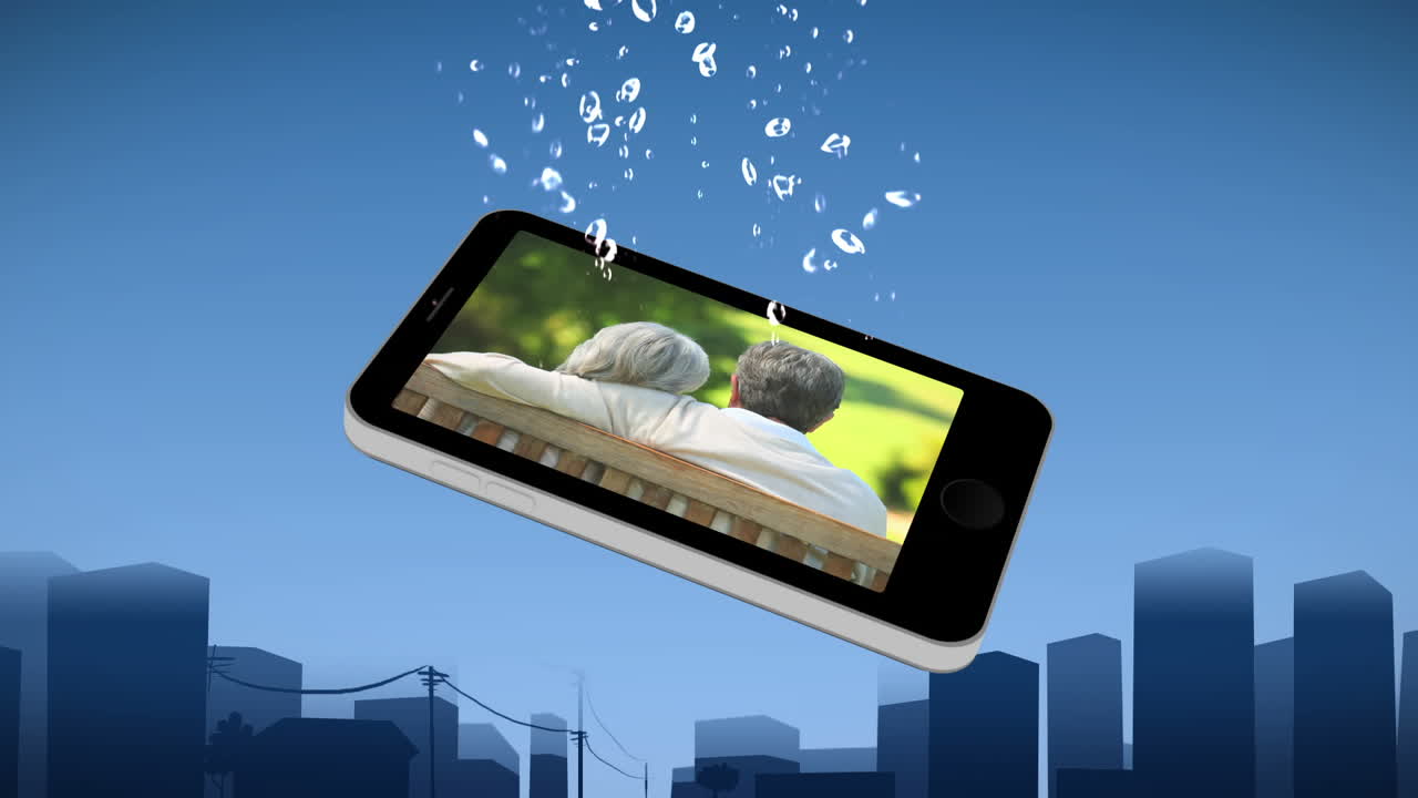 휴식을 취하는 노인 부부를 보여주는 스마트폰