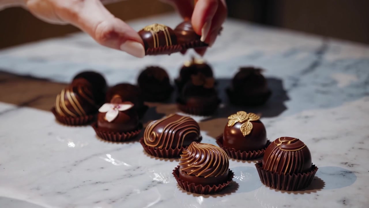 Mão Pegando Trufas de Chocolate Gourmet de Mesa de Mármore