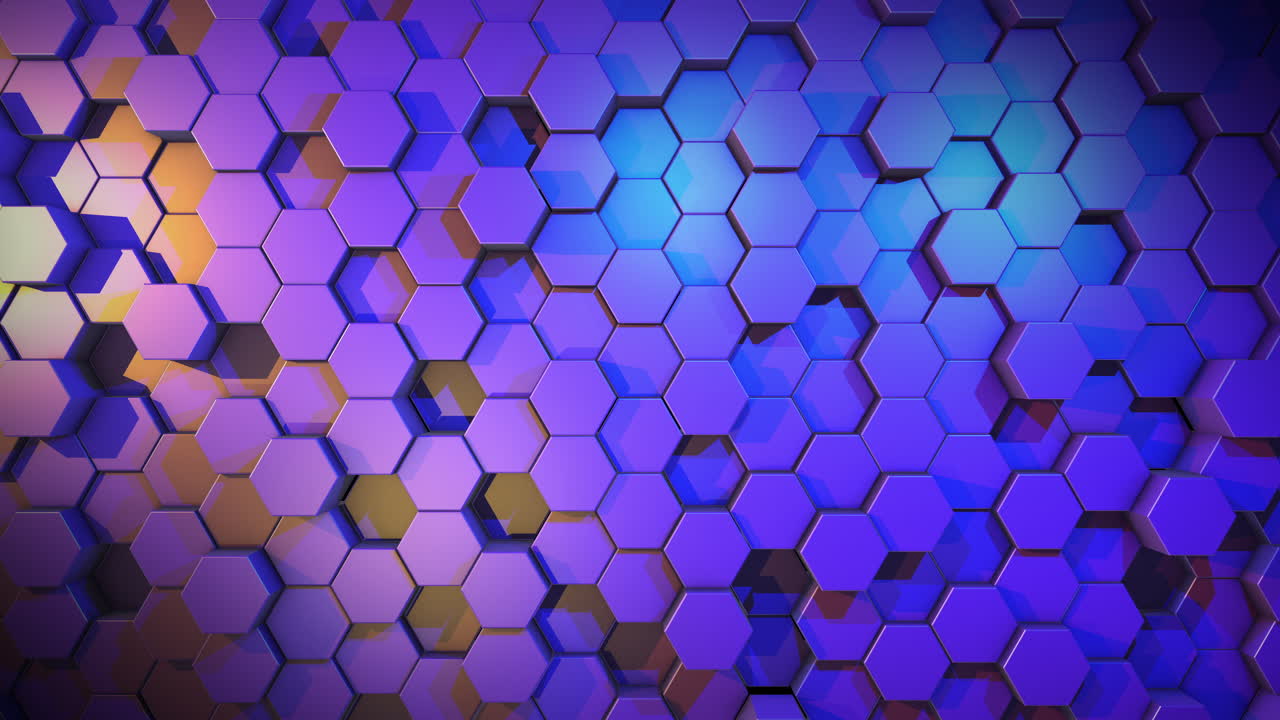 Purple background with moving hexagonal cylinders. Abstract 3D animation. Light and shadows from the soffits. Geometric figures.