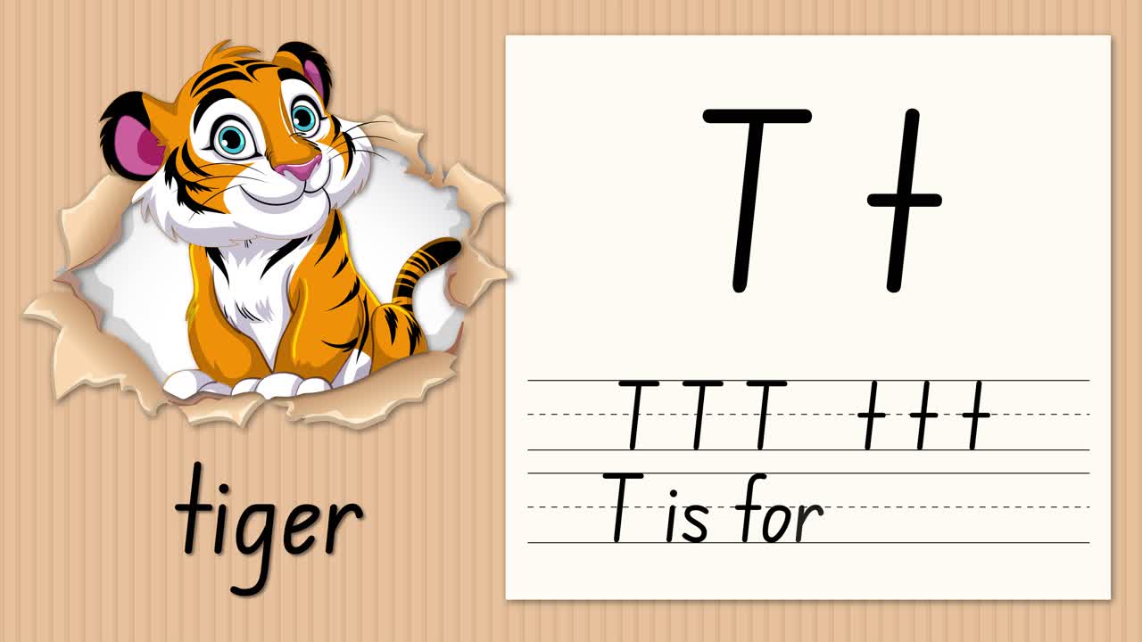 Video educativo animato che insegna la lettera T usando una tigre a cartoni animati e un foglio per la pratica della scrittura a mano