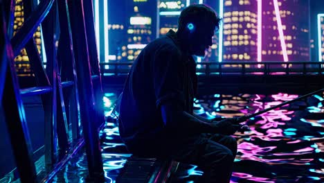 man fishing at night in a futuristic city