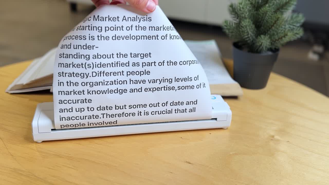 4K close-up of a compact document scanner scanning a printed sheet in a cozy home office setup—ideal for tech, work-from-home, or office content