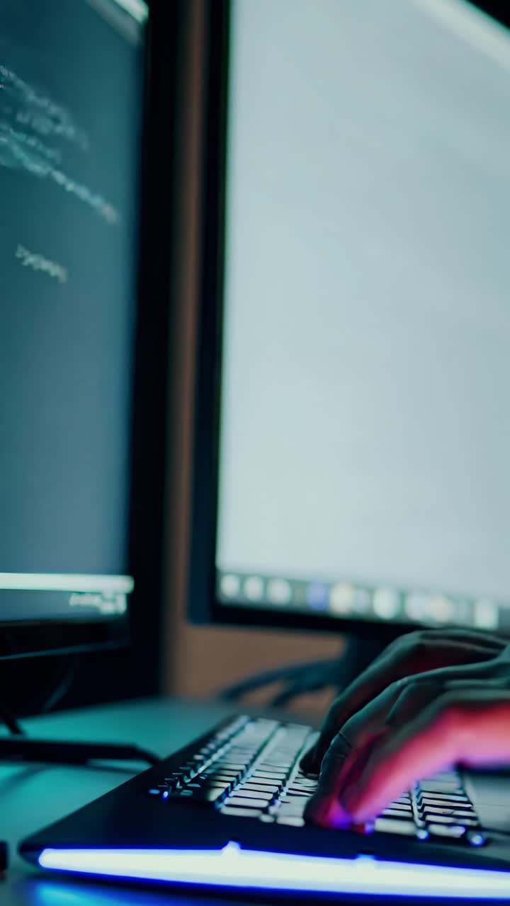 Nærbillede, low-angle shot af hænder, der skriver på et tastatur med farverig kode på skærmene
