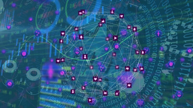 Animation of globe made of connections and icons spinning with graphs and numbers floating