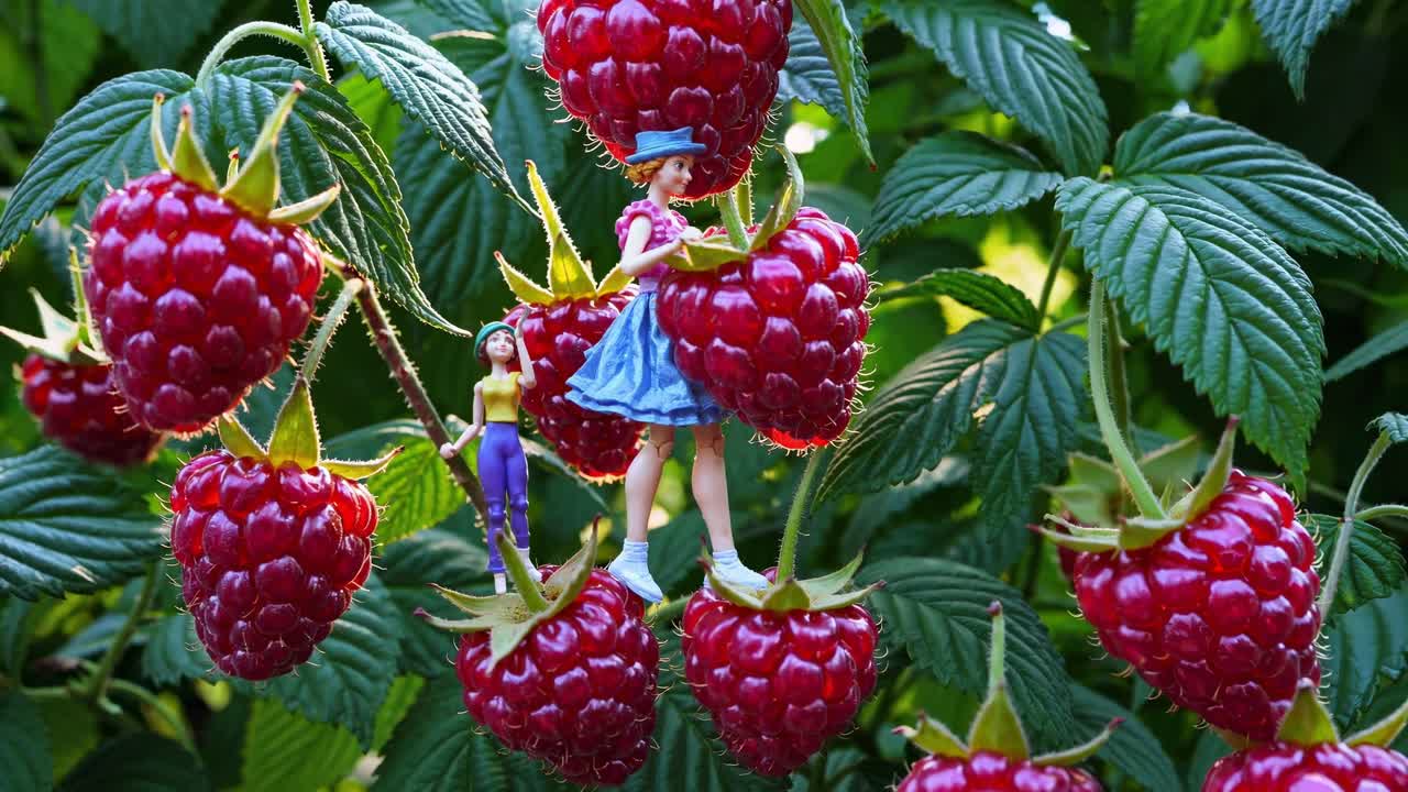 Miniature farmers harvesting giant raspberries on a sunny day, celebrating abundance and healthy eating while surrounded by vibrant colors and lush greenery in a whimsical scene