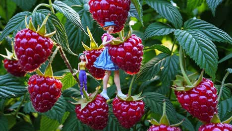 Miniature farmers harvesting giant raspberries on a sunny day, celebrating abundance and healthy eating while surrounded by vibrant colors and lush greenery in a whimsical scene