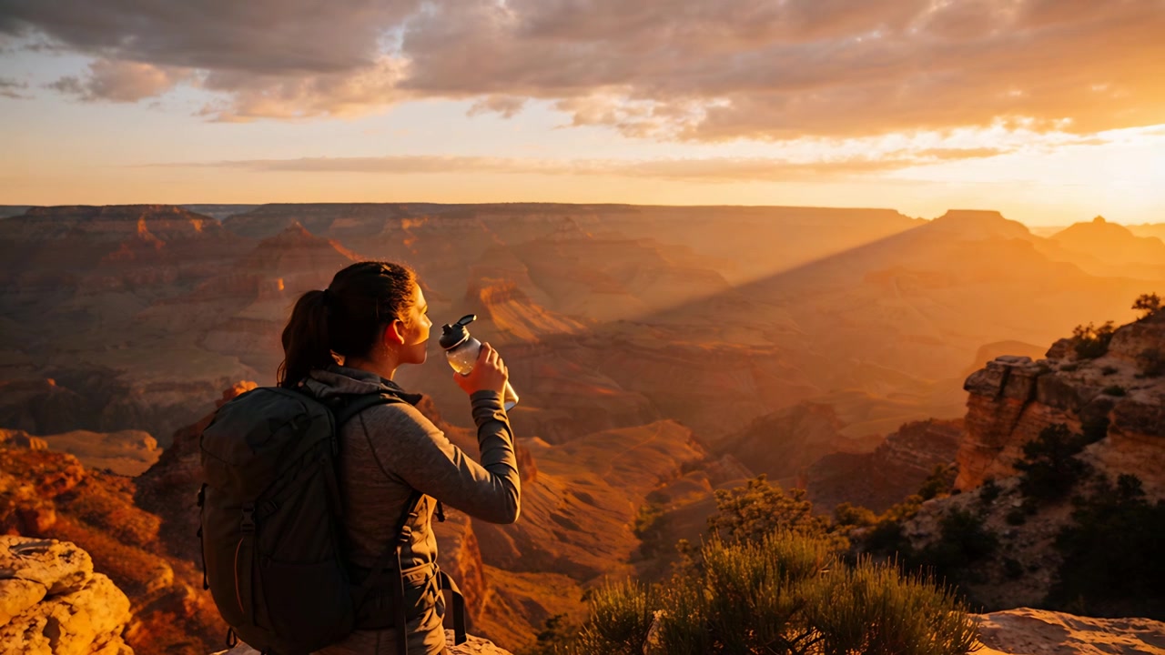 Drinking hiker wearing jacket and backpack, lowering bottle after reaching canyon rim, watching sun