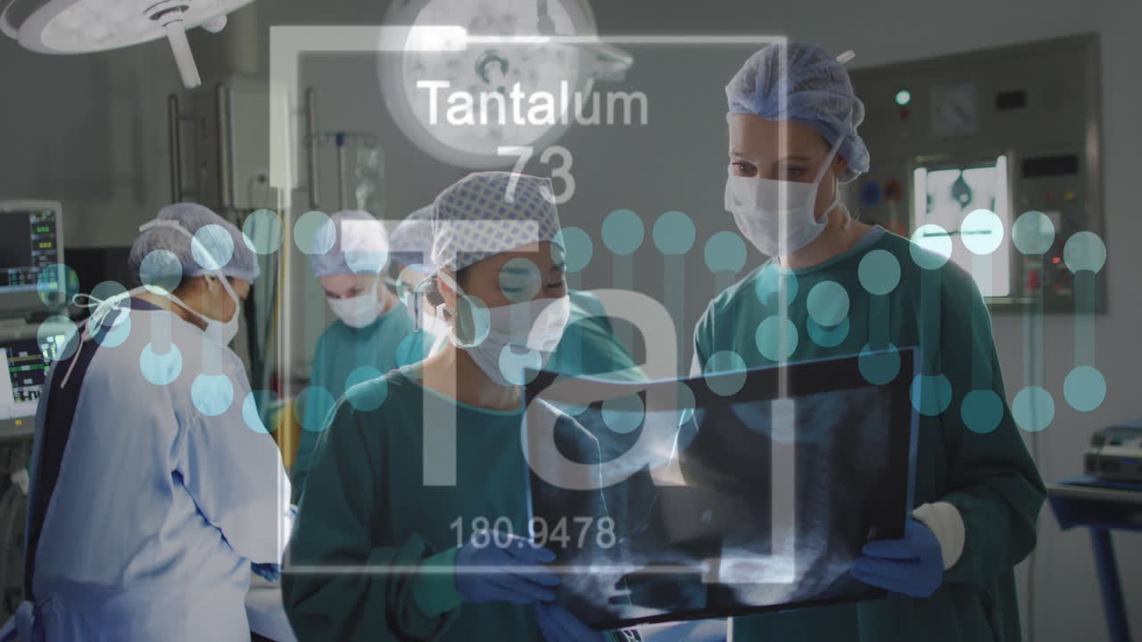 병원에서 일하는 다양한 외과 의사들에 대한 dna 줄무와 화학적 기호의 애니메이션