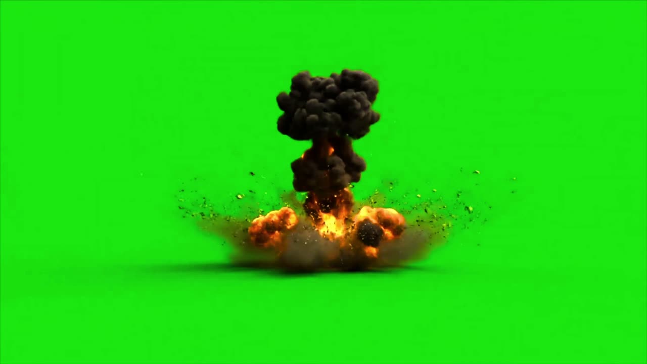 Large Explosion with Fire and Black Smoke on Green Screen