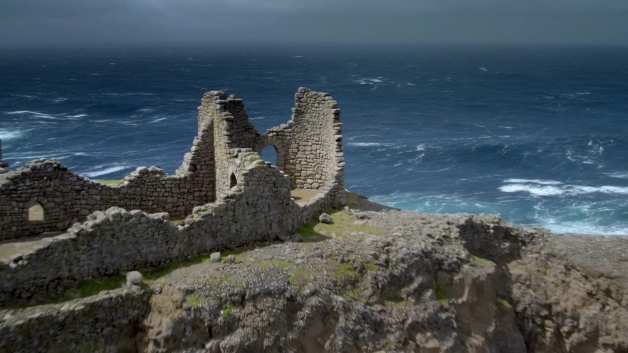 Vista frontale elevata di una fortezza di pietra in rovina arroccata su una scogliera costiera frastagliata, con arco arrotondato e sezioni di muro rotte che incorniciano un vasto oceano, texture rocciose aspre, muratura stagionata e un'atmosfera cupa