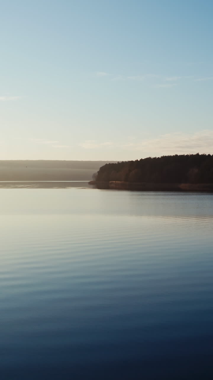 Aerial view of river landscape. Beautiful natural scenery of river forest landscape Vertical video
