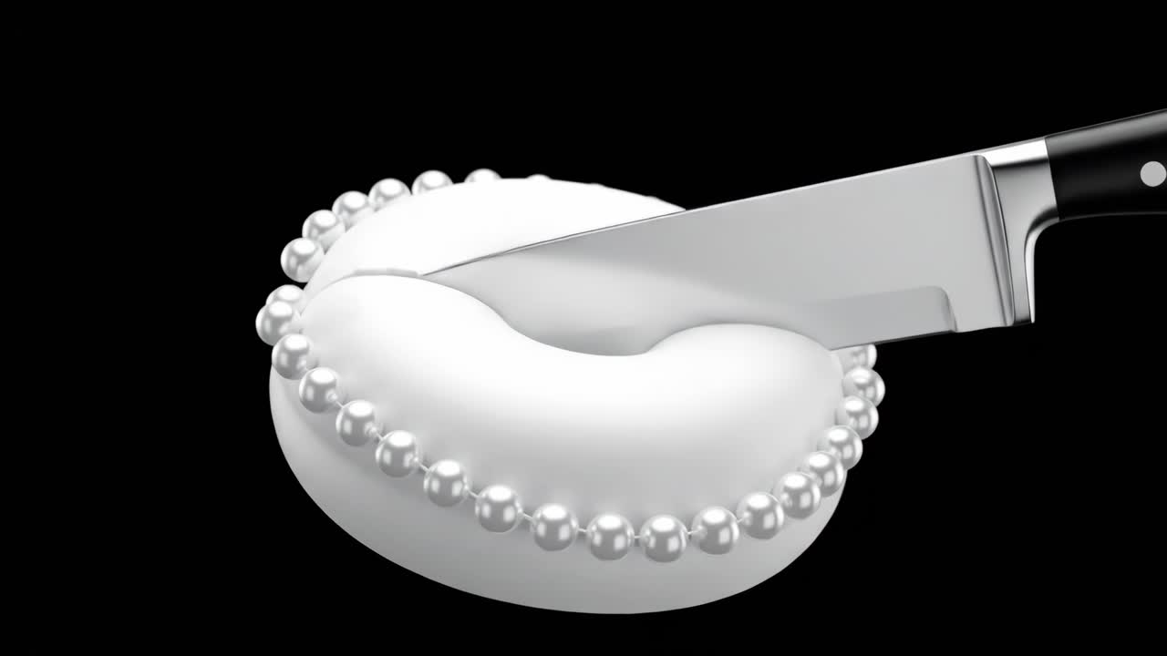 A knife cutting a donut with pearl decorations