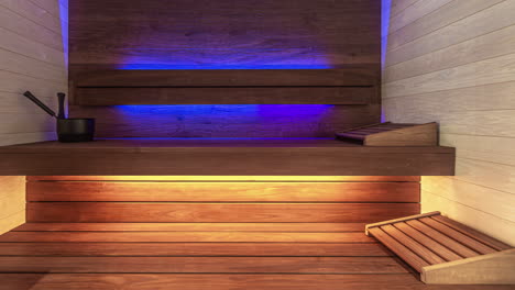 static view of wooden sauna room with colorful lights along with traditional sauna accessories for relaxation purpose