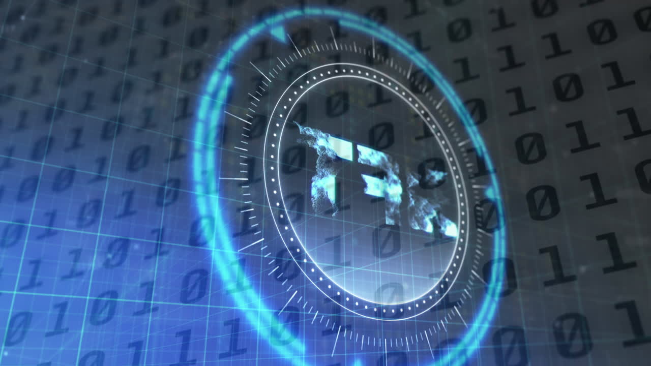 Animation of nft symbol on rotating safe lock over binary data processing and computer server