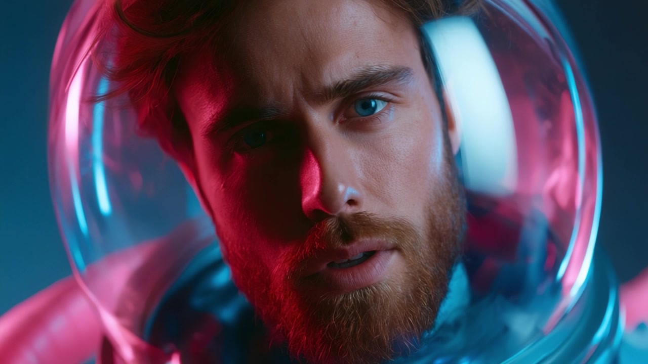 A Dramatic Close-up of an Astronaut in a Vibrant Space Suit Captivatingly Lit with Neon Colors, Expressing Emotion and Intensity Against a Cosmic Background